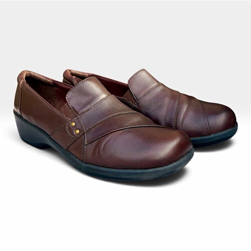 Clarks Collection Womens 10M Brown Leather Slip On Wedge Comfort Loafers Shoes